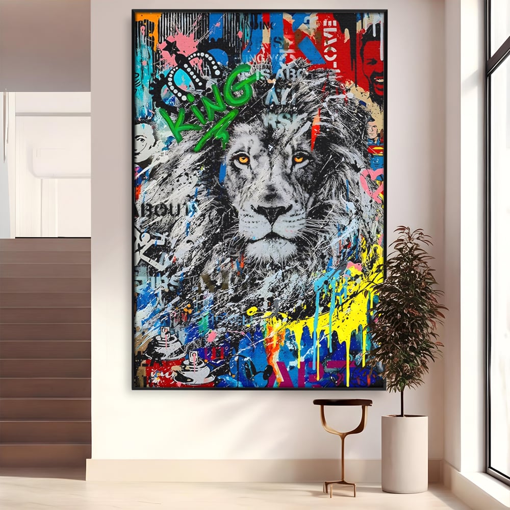 Tablou canvas cu tablou canvas cu leu stil graffiti, in rama de aluminiu negru